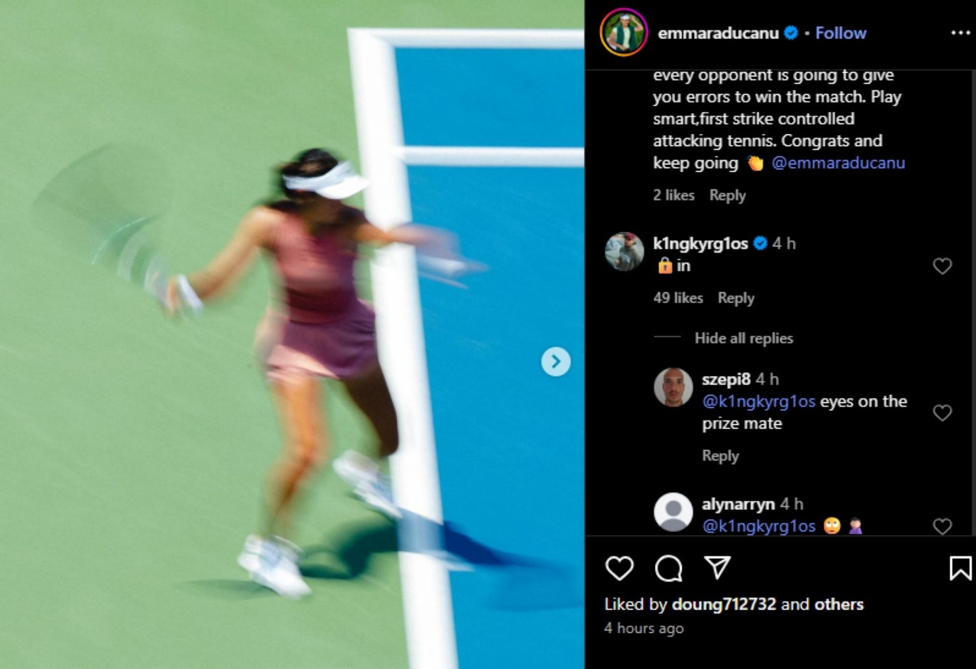 Kyrgios reacts to Raducanu's post; Instagram - @emmaraducanu